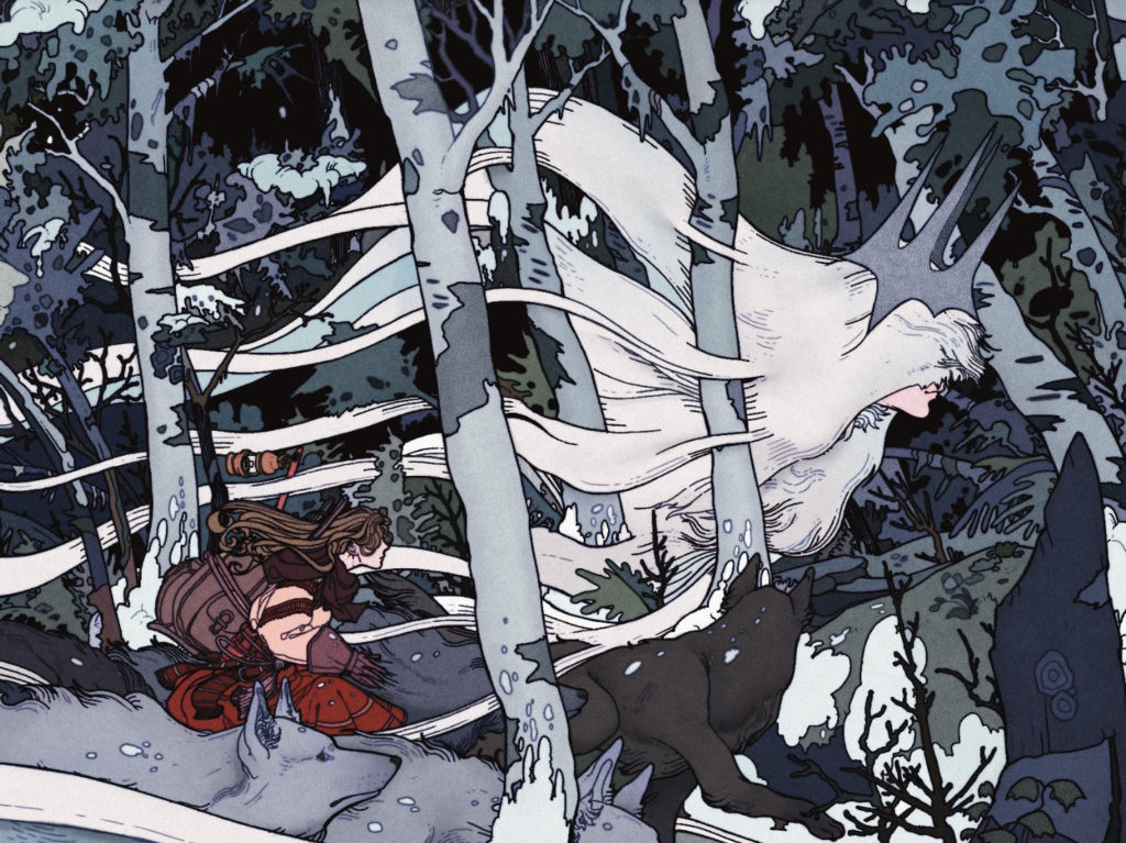 A girl and a snow queen racing amongst snow covered forest trees.