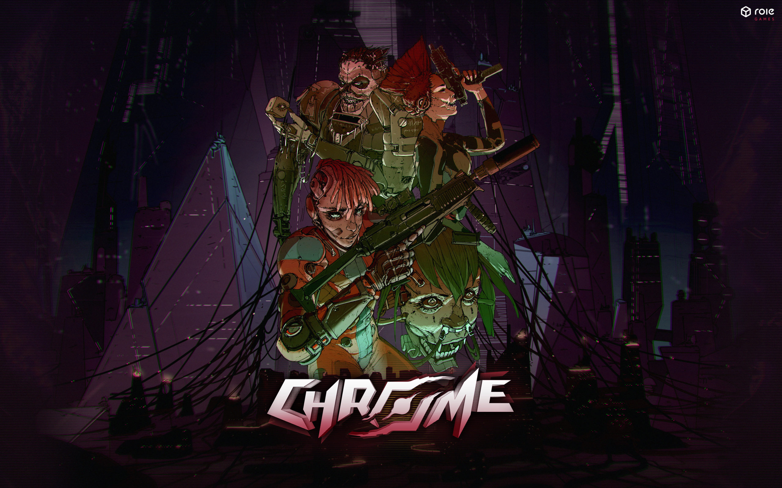 CHROME game cover art featuring 4 cybertech augmented characters in a dramatic pose against a dark city backdrop. CHROME logo large at the bottom.